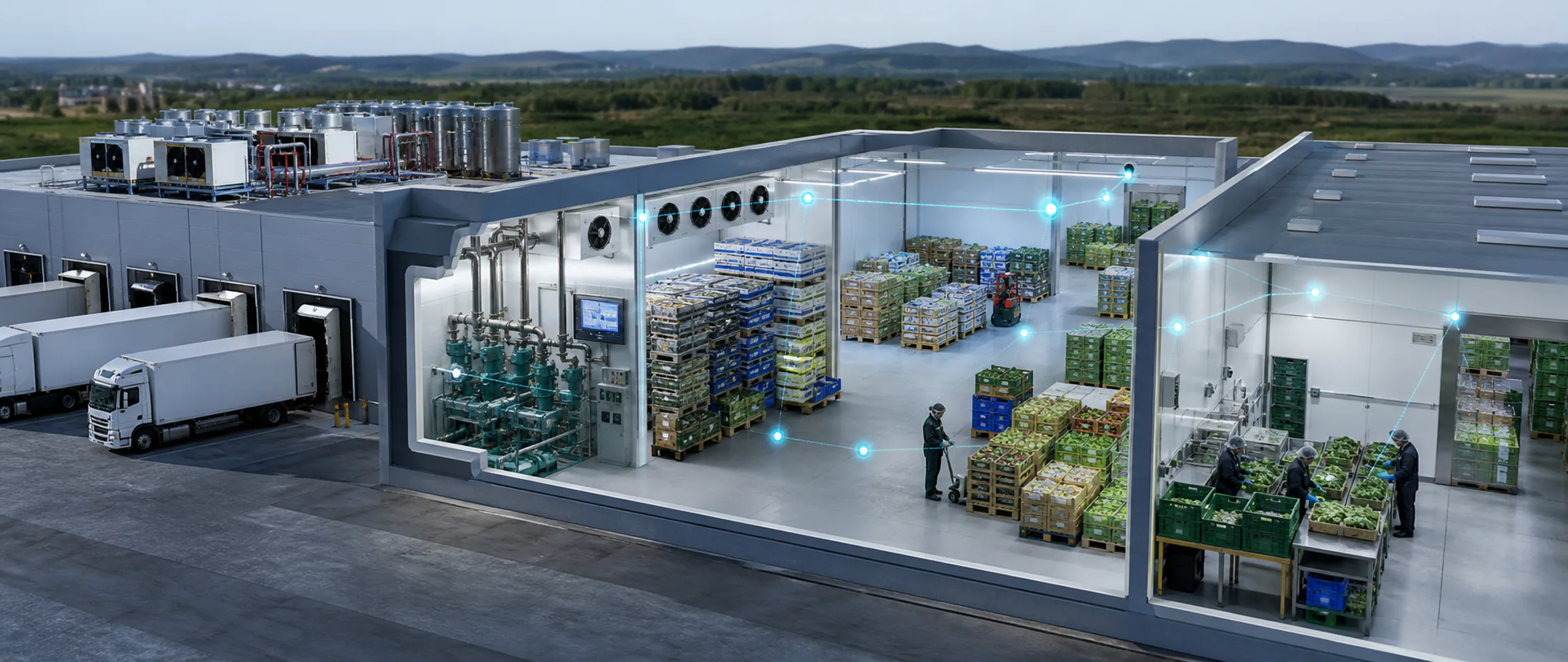 A refrigerated food logistics facility connecting cold rooms, refrigeration plant and loading operations.