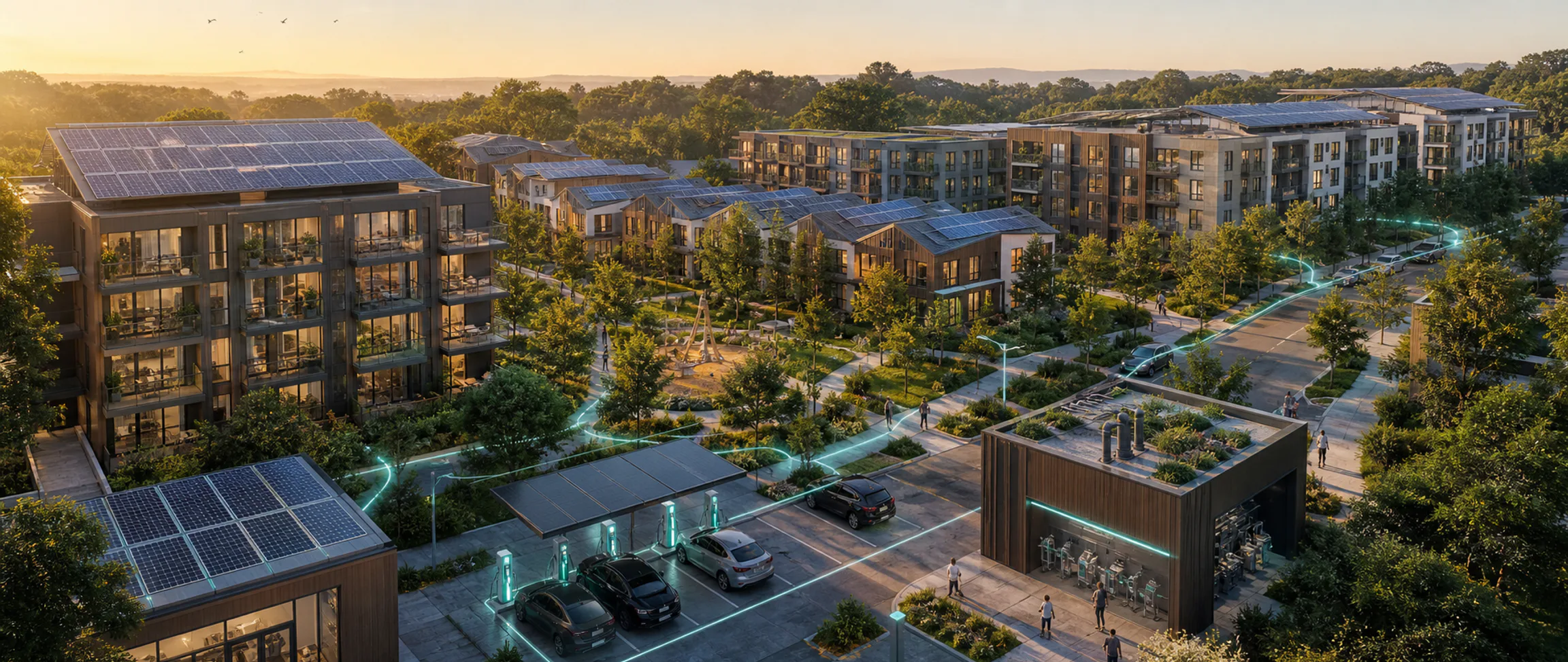 A sustainable residential community with solar, EV charging and shared energy infrastructure.
